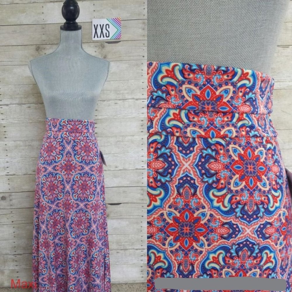 NWT LuLaRoe Maxi Skirt/Dress XXS - Red, Pale Yellow and Blue Print